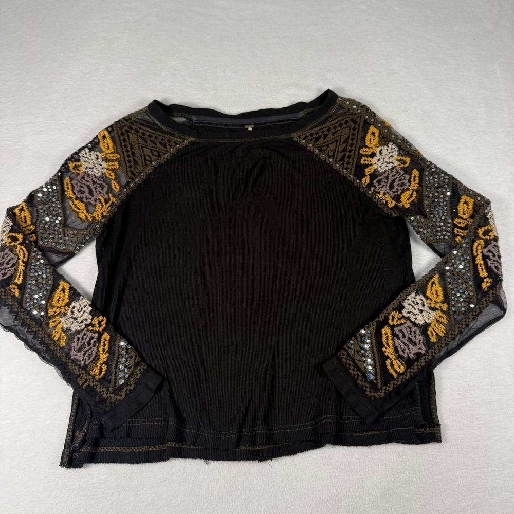 Free People Top Womens Medium Black Cotton Linen Boho Embroidered Sequin Ribbed